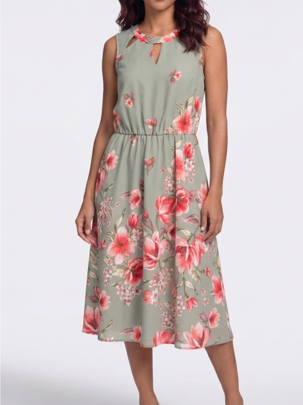Sweet Rain Sage Green Midi Dress with Pink Floral Print